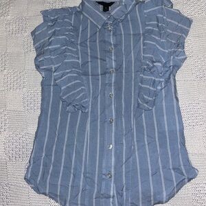 Blue and White Button Down Shirt with Flutter Sleeves and Ruffled Details
